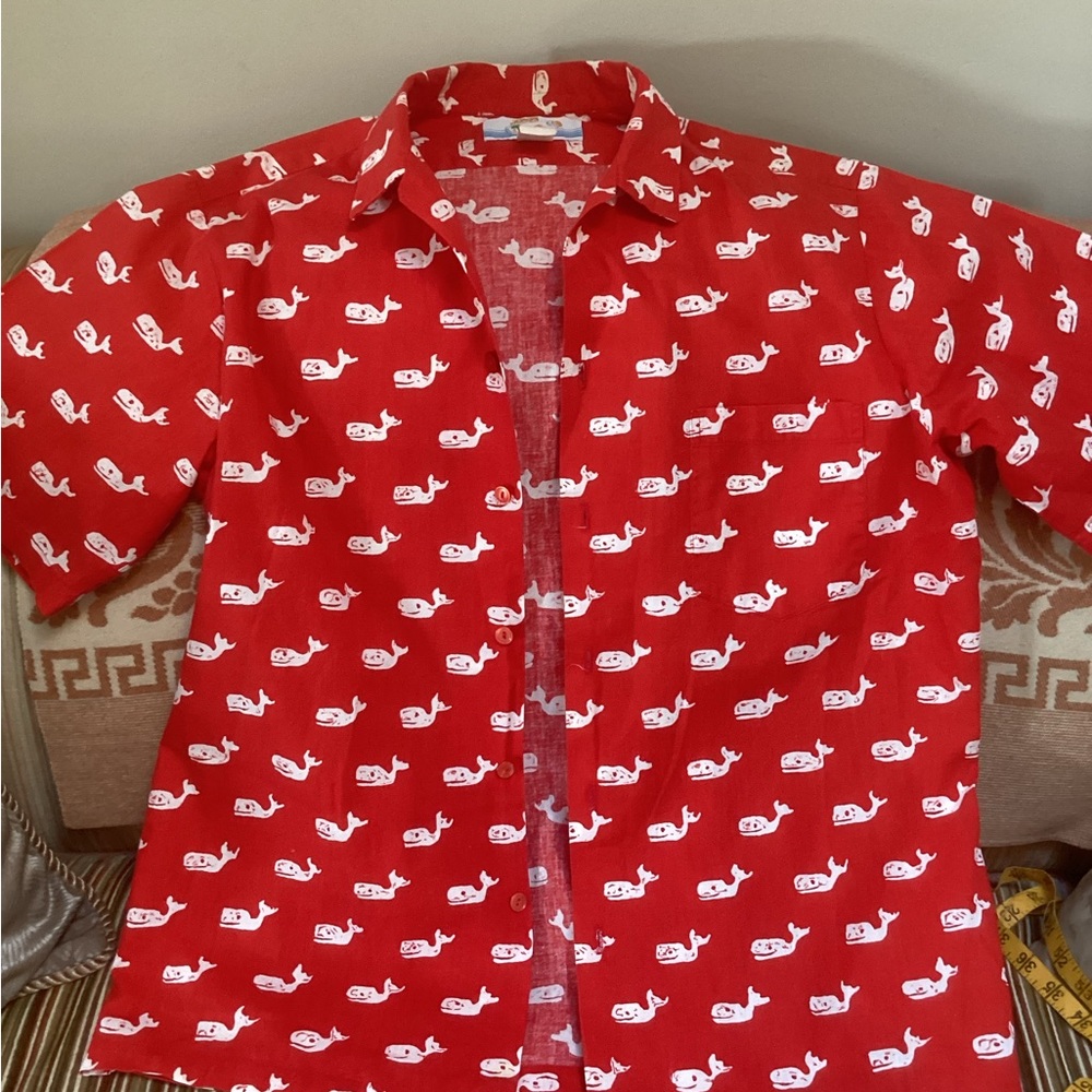 Vintage red short sleeve shirt with white smiling whales Made in USA 100% cotton